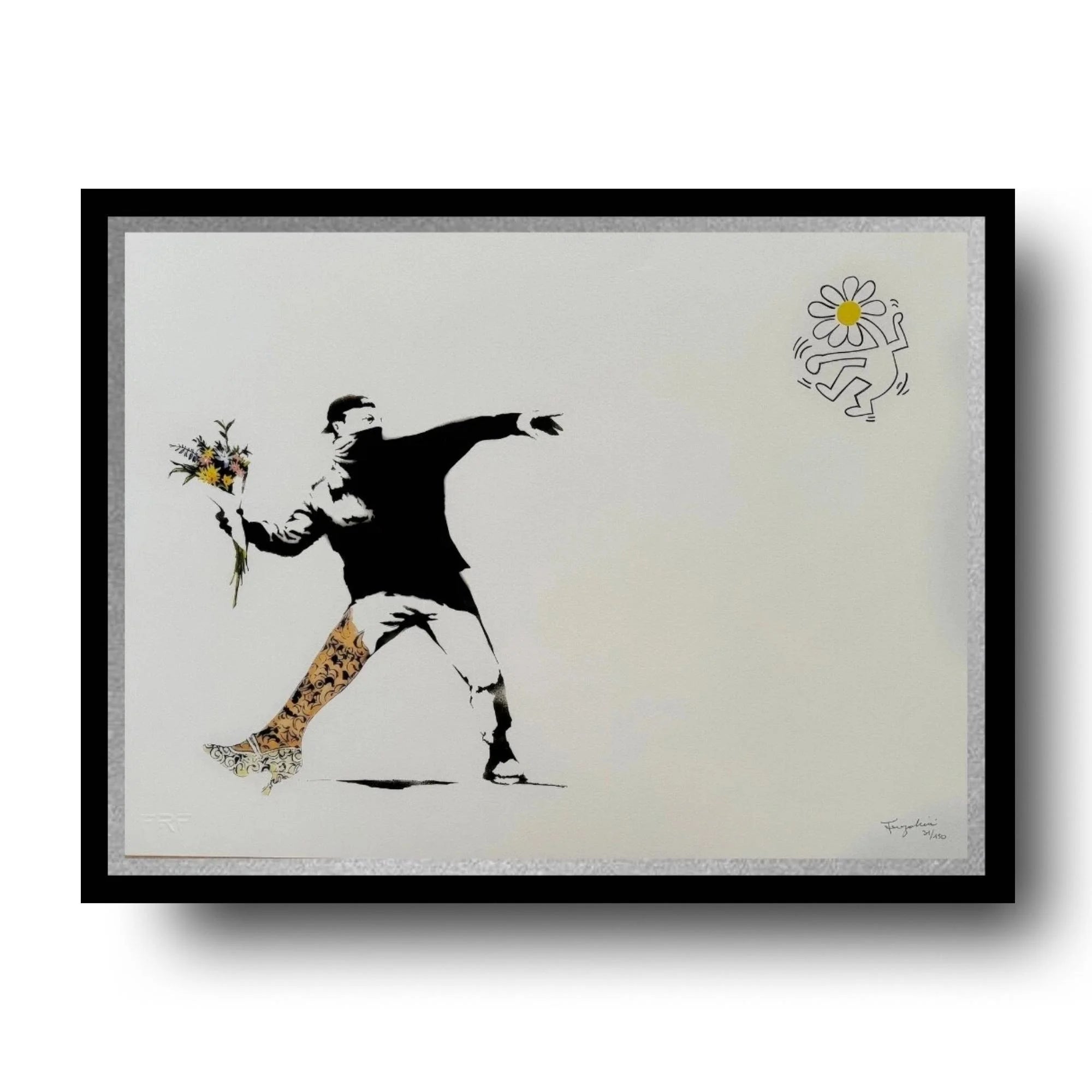 Framed artwork of a stylized figure holding flowers on a beige background
